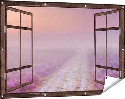 Gards Tuinposter Doorkijk Pad in de Weide tijdens de Mist - 120x80 cm - Tuindoek - Tuindecoratie - Wanddecoratie buiten - Tuinschilderij