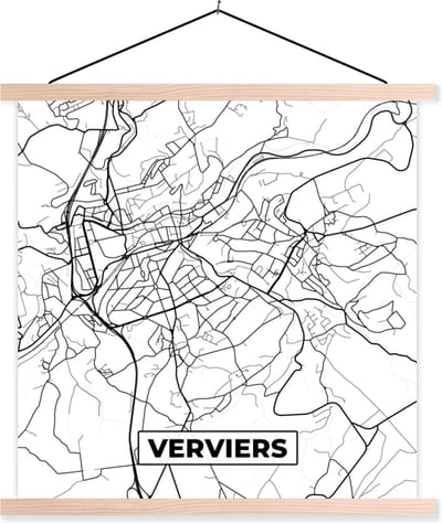 Posterhanger incl. Poster 40x40 cm - Schoolplaat - Kaart – Plattegrond – Stadskaart – Verviers – België – Zwart Wit - Textielposter - Blanke latten - Stadskaart