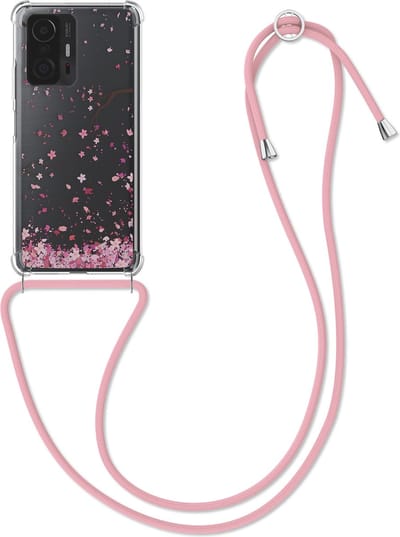 kwmobile telefoonhoesje geschikt voor Xiaomi 11T / 11T Pro - Hoesje met telefoonkoord - Back cover voor smartphone - Case in poederroze / donkerbruin / transparant