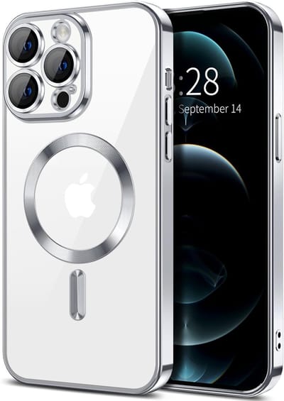 Backcover hoesje Geschikt voor: iPhone 15 Plus met geïntegreerde Camera lens bescherming [magnetische hoes] compatibel met MagSafe Dames Heren - Zilver