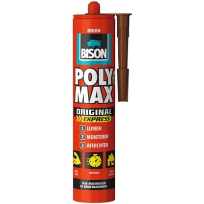 Bison Poly Max Express bruin koker 425 gram- Transparante montagelijm, lijmen, monteren en afdichten, unieke SMP technologie, oplosmiddelvrij, binnen en buiten, vrijwel alle ondergronden