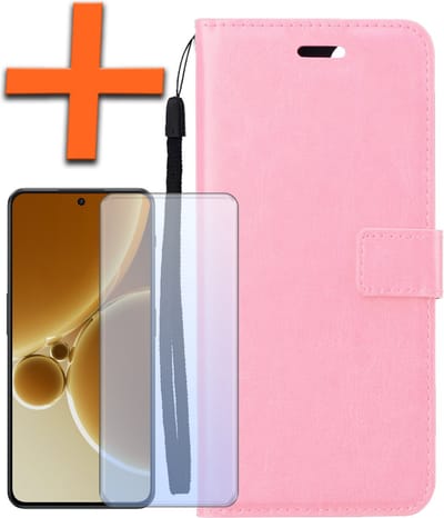 Hoes - Met Screenprotector - Geschikt voor OnePlus Nord 3 - Luxe Pasjeshouder - Bookcase Portemonee - Flip Case - Kunstleer Book Case - Flipcase - Book Cover - Walletcase - PortemonneeHoes - Lichtroze