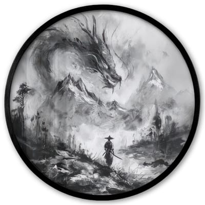 Poster in lijst Rond - Fotolijst 40x40 cm - Posters - Krijger - Draak - Grijs - Ronde posterlijst zwart - Decoratie - Wanddecoratie woonkamer - Muurdecoratie slaapkamer