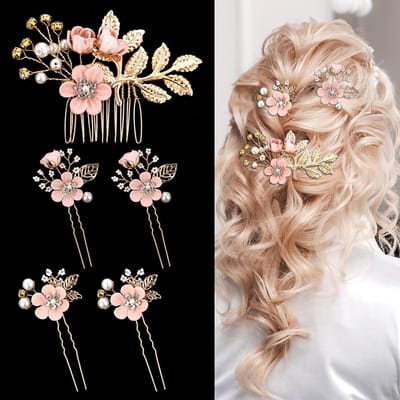 Allecto Plus - Roze bloem haarspelden set van 5 voor bruidsmeisjes - Bruiloft haaraccessoires met kristal en parel - Bloemen haarspeldjes - Vintage roze hoofddeksel.