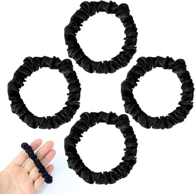 Famanu –Haarscrunchies, 4 stuks satijnen haarbanden, zwarte elastische banden, scrunchieset, paardenstaarthouders geen schade breuk voor dun/dik krullend lang fijn haar