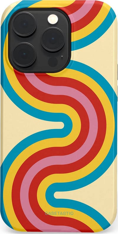 Casetastic hoesje geschikt voor Apple iPhone 14 Pro - MagSafe - Dubbellaagse bescherming - Retro kronkels - Fashion Case - Crème Lichtblauw Goud Rood