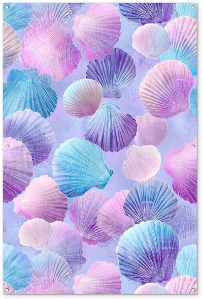 Tuinposter 120x180 cm - Tuindecoratie Schelpen - Paars - Blauw - Patroon - Poster voor in de tuin - Buiten decoratie - Schutting tuinschilderij - Tuindoek muurdecoratie - Wanddecoratie balkondoek