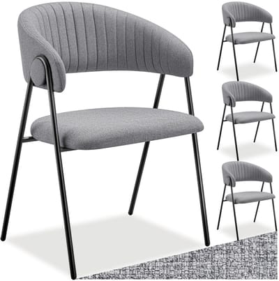 tectake® Eetkamerstoel Bedano - Gestoffeerd - Geweven stof - Set van 4 - Stijlvolle C-vormige leuning - Hoogwaardig schuim - Stabiele stalen poten - 150 kg draagkracht - Grijs