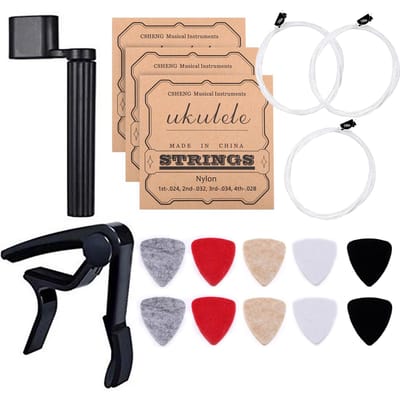 Gitaar/Ukelele Tool Kit 10 stuks Zacht Vilt Ukelele Picks (Willekeurige Kleur) 3 Set Snaren (4 stks/set) 1 pc beige