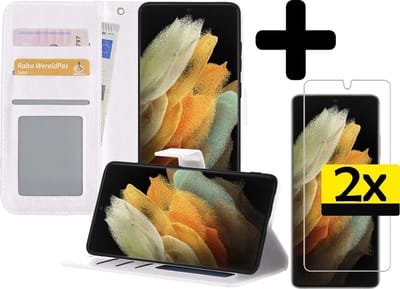 Hoesje - Met 2x Screenprotector - Geschikt voor Samsung Galaxy S21 Ultra - Luxe Pasjeshouder - Bookcase Portemonee - Flip Case - Kunstleer Book Case - Flipcase Hoes - Book Cover - Walletcase - Portemonneehoes - Telefoonhoesjes - Wit