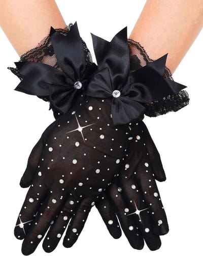 Elegante Handschoenen met Sprankelende Strass Strik en Zwarte Kant voor 1920s Feest en Opera