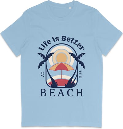 T Shirt Heren Dames - Zomer Ontwerp: Life Is Better At The Beach - Licht Blauw - XS