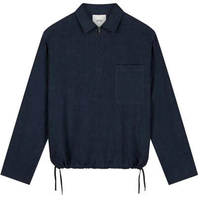 Mannen Long Sleeve T-shirt Linen QuArter Zip Pullover Marine