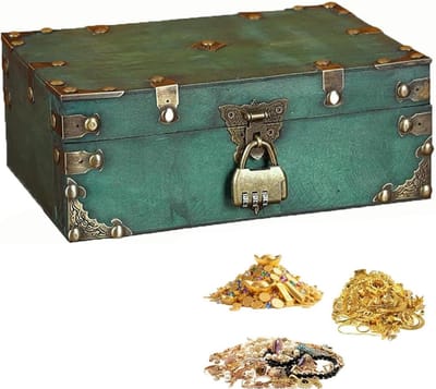 Vintage Houten Schatkist met Combinatieslot, 24 x 17 x 9,5 cm, Voor Sieraden, Decoratie en Opberging, Donkergroen en Uniek Design