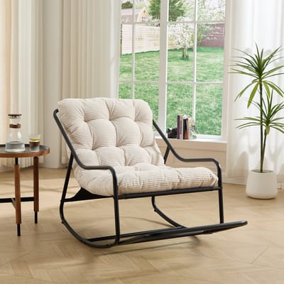 MIVRAY Schommelstoel 75 x 116 x 82 cm - Dikke Comfortkussens En Verstelbare Schommeling - Voor Tuin En Woonkamer - Staal Wit