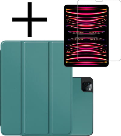 Hoes - Geschikt voor Apple iPad Pro (2022) - 12.9 inch - Met Screenprotector - Trifold Bookcase - Hard Cover Case - Met Uitsparing Geschikt voor Apple Pencil - Hardcover Book - Tablet Hoesje - Donkergroen