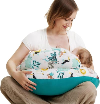 momcozy Feeding pillow with safety edge, ergonomic feeding pillow with adjustable strap and removable cotton cover, animal and forest
