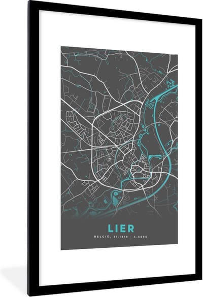 Fotolijst incl. Poster - Plattegrond – Lier – Blauw – Stadskaart - Kaart - België - 60x90 cm - Posterlijst