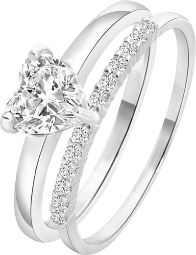 Lucardi Dames Dubbele ring met zirkonia hart - Ring - Cadeau - Echt Zilver - Zilverkleurig