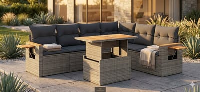 7-Delige Poly Rattan Loungeset met Kussens Grijs 2-Zits Loungebank Tuinbank Outdoor Patio Meubelset Terras Tuin House&Garden