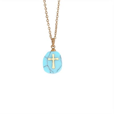 VANDAAG VERZONDEN - Ketting - Kruis - Goud - Christelijk - Jezus - Natuursteen - Blauw