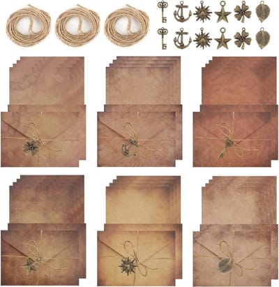 60 Stuks Vintage Papieren Enveloppen Set met A5 Stationery, Retro Enveloppen en Jute Touw voor Groeten en Kaarten
