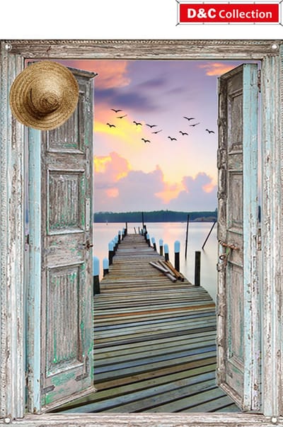 Tuinposter doorzicht - 90x65 cm - doorkijk - open deuren uitzicht water en steiger met hoed - tuin decoratie - tuinposters buiten - schuttingposter - tuinschilderij