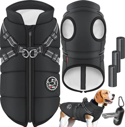 Hondenjas met Harnas - Waterdicht Gevoerd Vest voor Honden - Inclusief Poepzakken en Dispenser - Reflectoren voor Veiligheid - D-ring L - Zwart
