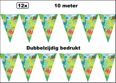 12x Vlaggenlijn Dinosaurus 10 meter - Dubbelzijdig bedrukt - Dino thema feest party