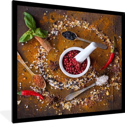 Fotolijst incl. Poster - Vijzel - Kruiden - Lepels - Specerijen - Bruin - Peper - 40x40 cm - Posterlijst