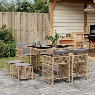 vidaXL - 9-delige - Tuinset - met - kussens - poly - rattan - gemengd - beige