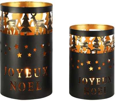 Dekoratief | Set 2 Waxinelichthouders 'Joyeux No?l', zwart/goud, metaal, 12x12x20cm | A258198