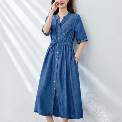 Zomer Temperament Trekkoord Taille en Dunne V-hals Zonwerend Denim Jurk Dames Leeftijd Vermindering M