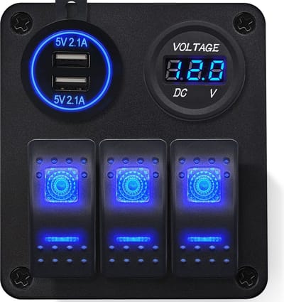 ProRide Schakelpaneel 12V voor Auto/Boot - USB/USB C Lader 2 Poorten met Wattagemeter - 45W - QC3.0 - 3 Schakelaars