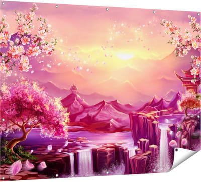 Gards Tuinposter Illustratie van Watervallen met Bloesems - 160x120 cm - Tuindoek - Tuindecoratie - Wanddecoratie buiten - Tuinschilderij