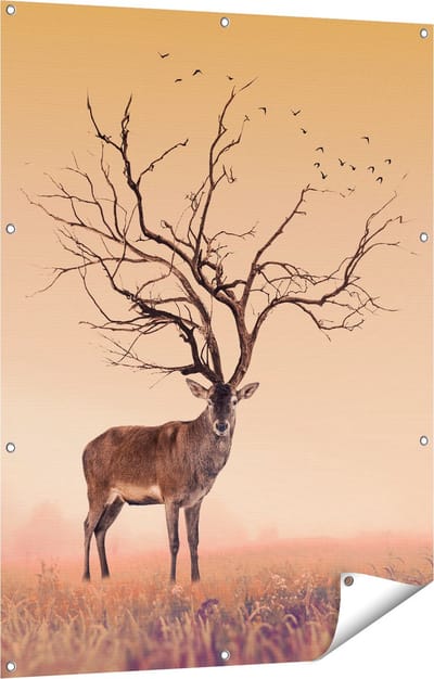 Gards Tuinposter Hert met een Bomen Gewei - 90x120 cm - Tuindoek - Tuindecoratie - Wanddecoratie buiten - Tuinschilderij