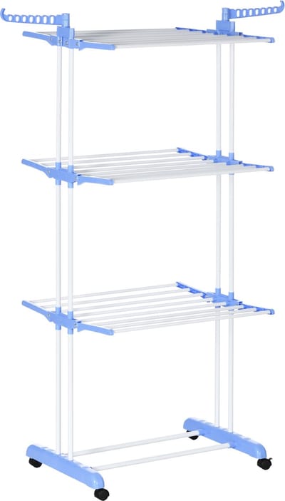 Droogrek Opvouwbaar 4 Niveaus met Draaibare Vleugels en 4 Wielen, Staal en PP, 73x64x177 cm, Wit en Zilver