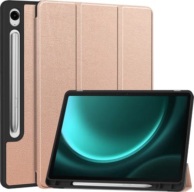 Hoesje Geschikt voor Samsung Galaxy Tab S9 FE - Dun & Stevig - Trifold Bookcase - Hard Cover Case - Met Uitsparing Geschikt voor S Pen - Hardcover Book - Tablet Hoes - Rosé goud