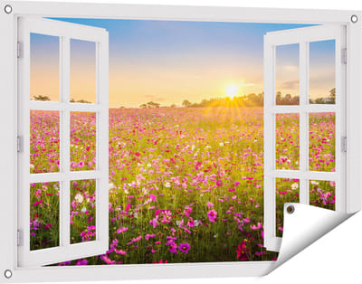 Gards Tuinposter Doorkijk Bloemenveld met Roze Kosmos - 90x60 cm - Tuindoek - Tuindecoratie - Wanddecoratie buiten - Tuinschilderij