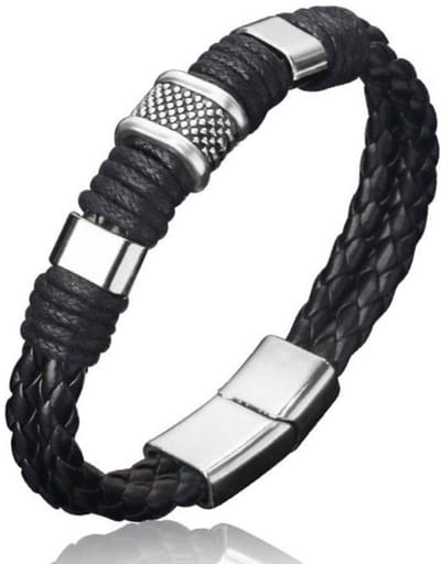 Armband Heren - Zwart Leer met Stalen Accenten - Armbanden - Papa Cadeau Voor Mannen - Vaderdag