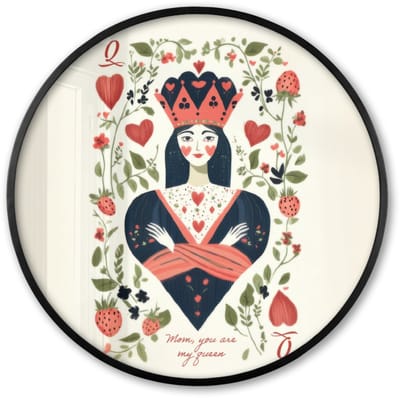 Poster in lijst Rond - Fotolijst 60x60 cm - Posters - Speelkaart - Hartenkoningin - Bloemen - Hartjes - Ronde posterlijst zwart - Decoratie - Wanddecoratie woonkamer - Muurdecoratie slaapkamer