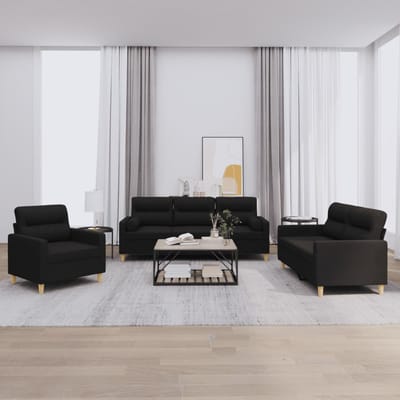 vidaXL - 3-delige - Loungeset - met - kussens - stof - zwart