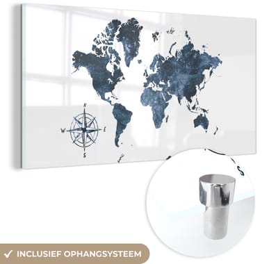 ® Glasschilderij 160x80 cm - Schilderij acrylglas - Wereldkaart - Aquarelverf - Windroos - Foto op glas - Muurdecoratie woonkamer - Wanddecoratie slaapkamer - Schilderijen