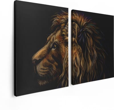 Artaza Canvas Schilderij Tweeluik Getekende Leeuw - Leeuwenkop - Kleur - 120x80 cm - Wanddecoratie Woonkamer - Schilderijen - Muurdecoratie