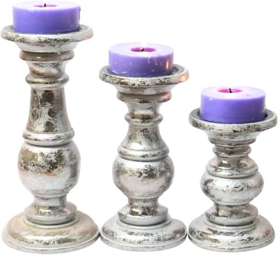 Set van 3 Houten Kaarsenhouders Cadet Grijs - Mangohout Kandelaars voor Tafeldecoratie