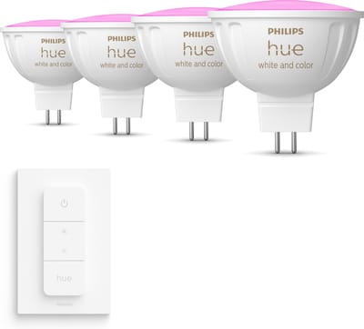 Philips Hue Voordeelpakket - GU5.3 - met 4 Spotjes (MR16) - 12V - Wit en Gekleurd Licht - Incl. 1 Hue Dimmer Switch - Hue White and Color Ambiance