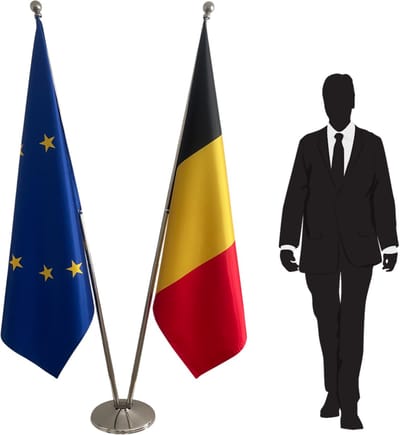 Belgische en Europese vlag met standaard en mast RVS – dubbele vlaggenstandaard – telescopische masten tot 2,5 m – 2x 100x150 cm dubbelzijdig bedrukt – professionele kantoor en institutionele set