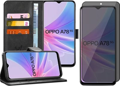 Hoesje geschikt voor Oppo A58 5G / A78 5G - Privacy Screenprotector Volledig Dekkend Glas - Portemonnee Book Case Zwart