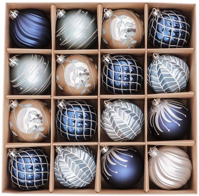 Dailygoody - Kerstboomversieringsset - 16st witte en blauwe kerstballen - IJskasteelthema - 8cm - Perfecte kerstdecoratie - Inclusief touw
