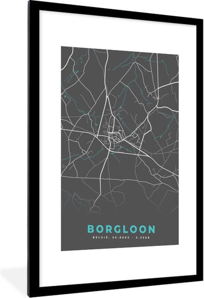 Fotolijst incl. Poster - België – Borgloon – Stadskaart – Kaart – Blauw – Plattegrond - 60x90 cm - Posterlijst